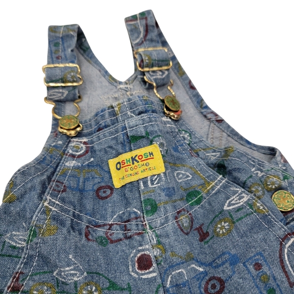 Vintage Oshkosh B'Gosh Overalls Blue Denim Car Truck Print Toddler 1990’s Sz 18M - Picture 7 of 15